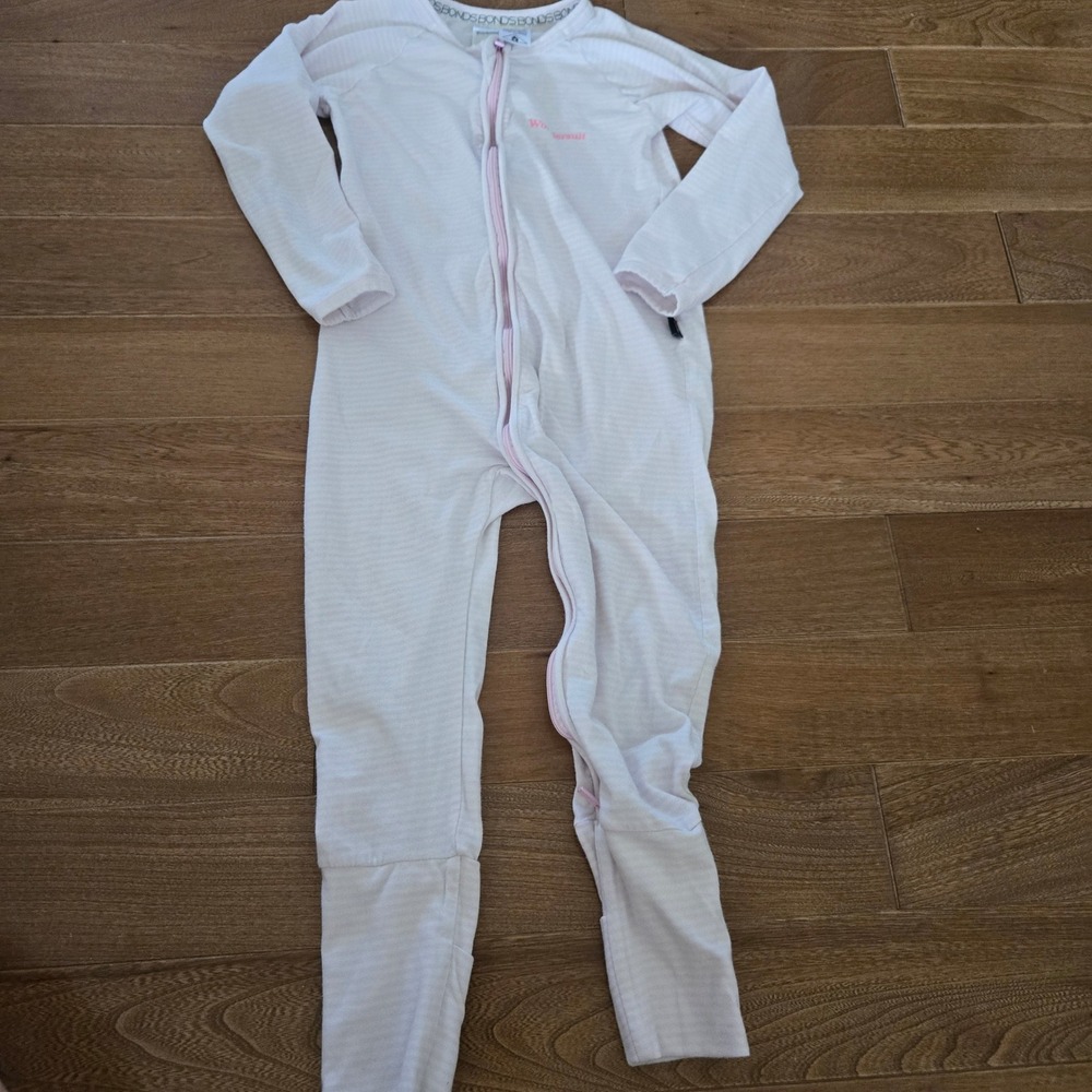 Bonds Wondersuit Size 3 Pink White Striped Zip Up Romper Pajamas Long Sleeve